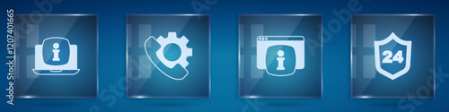 Set Laptop with information, Telephone 24 hours support, Monitor FAQ and . Square glass panels. Vector