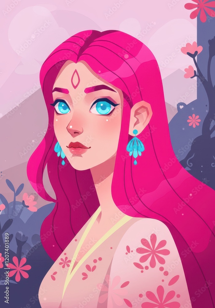 Fantasy portrait of pink-haired woman with floral background Fantasy portrait of pink-haired woman with floral background