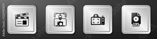Set Movie clapper, Gimbal stabilizer with camera, Photo and FLV file document icon. Silver square button. Vector