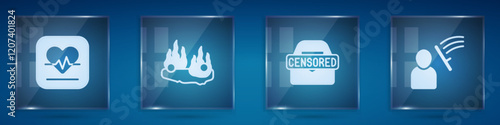 Set Heart rate, Burning car, Censored stamp and Police beat human. Square glass panels. Vector