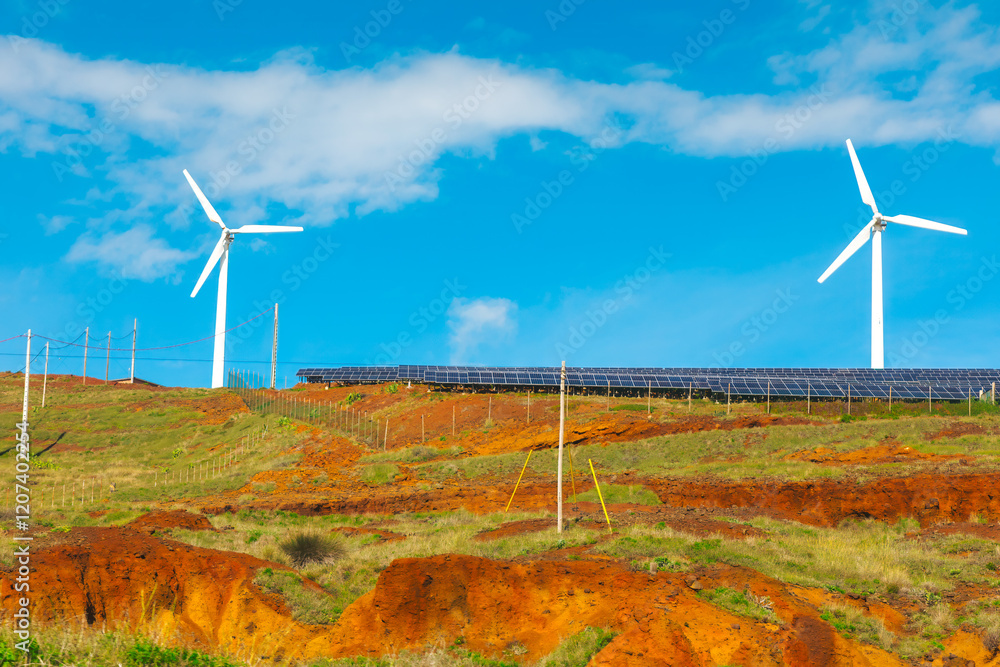 Landscape with wind turbines and a solar panel array on a grassy, hilly terrain under blue sky. Renewable energy sources, highlighting the use of wind and solar power for sustainable energy production