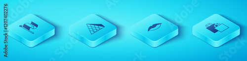 Set Isometric Flag France, Louvre glass pyramid, Paper shopping bag and Smiling lips icon. Vector