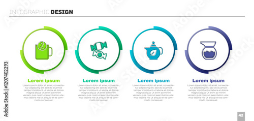 Set Tea time, Candy, Teapot with leaf and . Business infographic template. Vector