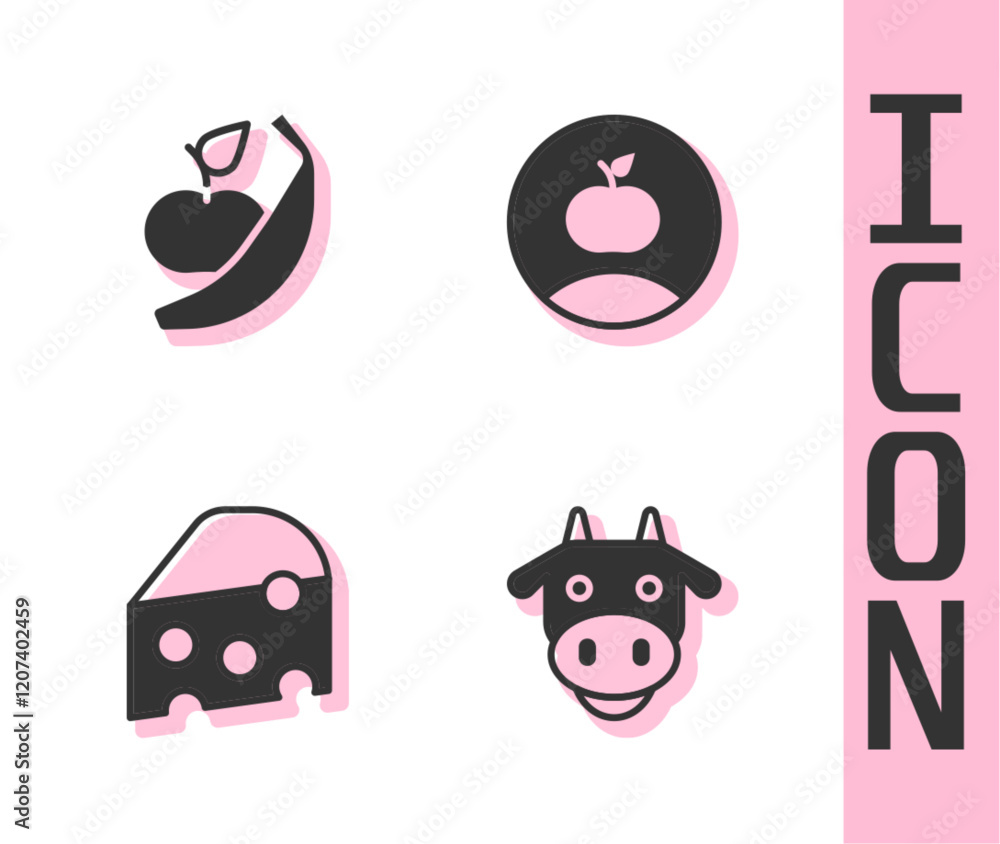 Set Cow head, Apple and banana, Cheese and icon. Vector Set Cow head, Apple and banana, Cheese and icon. Vector