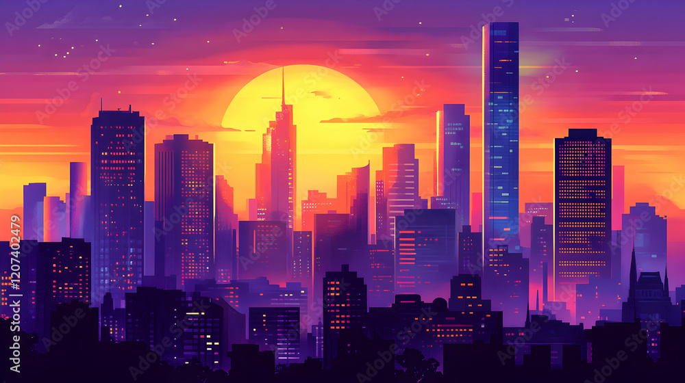 Fototapeta premium Vibrant Sunset Over Urban Landscape with Skyscrapers and City Lights