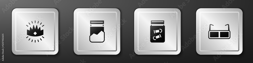 Set King crown, Plastic bag of drug, Evidence with bullet and Glasses icon. Silver square button. Vector Set King crown, Plastic bag of drug, Evidence with bullet and Glasses icon. Silver square button. Vector