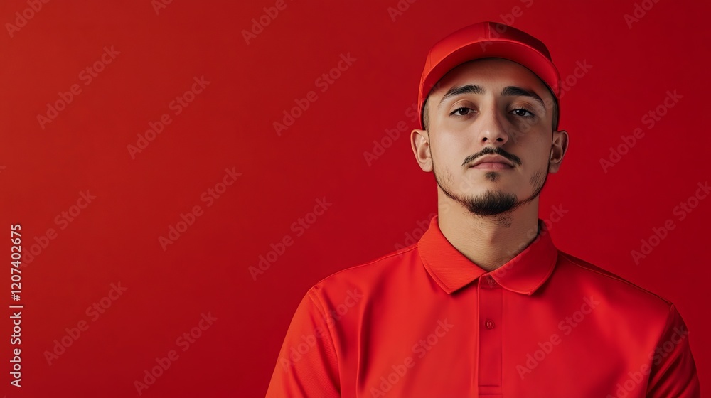 Obraz premium Professional Food Delivery Employee in Uniform Against Vibrant Red Background