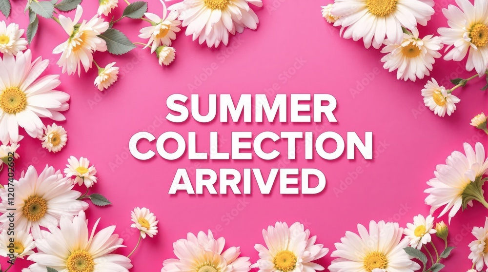 Summer collection arrived: floral design with white daisies on bright pink background Summer collection arrived: floral design with white daisies on bright pink background