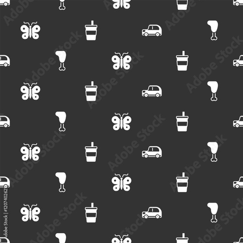 Set Car, Chicken leg, Butterfly and Paper glass with water on seamless pattern. Vector