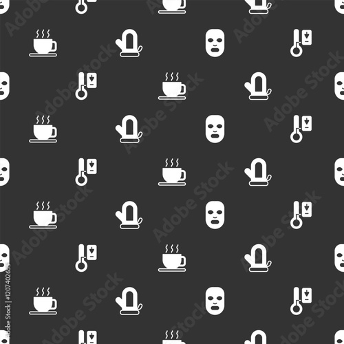 Set Facial cosmetic mask, Sauna thermometer, Cup of tea and mitten on seamless pattern. Vector