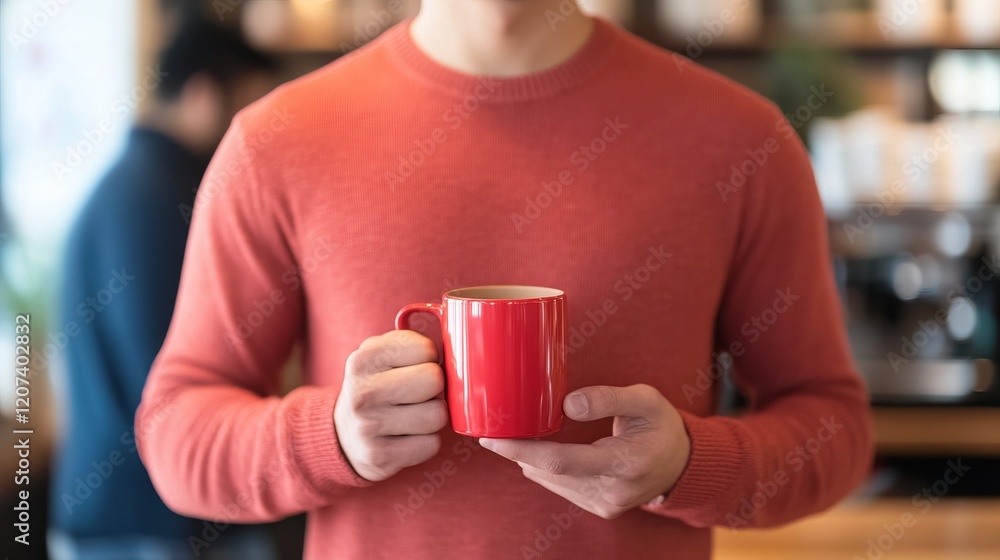 Pacific Islander Man Holding Red Mug in Cozy Cafe Setting with Soft Background Details Pacific Islander Man Holding Red Mug in Cozy Cafe Setting with Soft Background Details