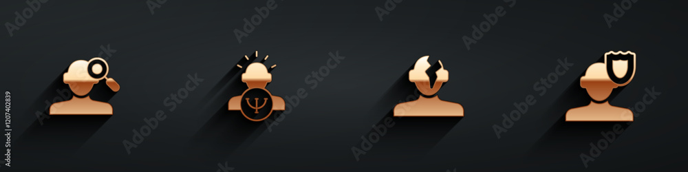 Set Finding a problem in psychology, Psychology, Solution and icon with long shadow. Vector Set Finding a problem in psychology, Psychology, Solution and icon with long shadow. Vector