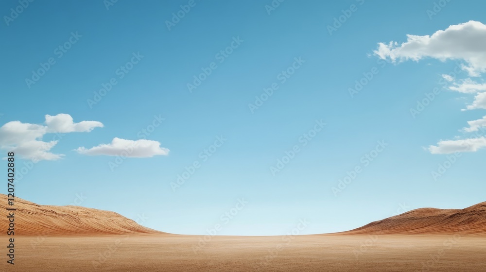 Fototapeta premium Expansive Desert Landscape Under Bright Blue Sky with Soft Clouds, Featuring Serene Dunes and Vast Open Space Ideal for Nature and Travel Themes