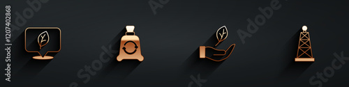 Set Location with leaf, Garbage bag recycle, Leaf in hand and Oil rig icon with long shadow. Vector
