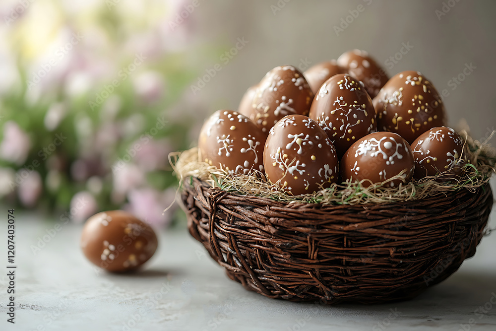 Chocolate Easter eggs decorated with white icing in a basket Chocolate Easter eggs decorated with white icing in a basket