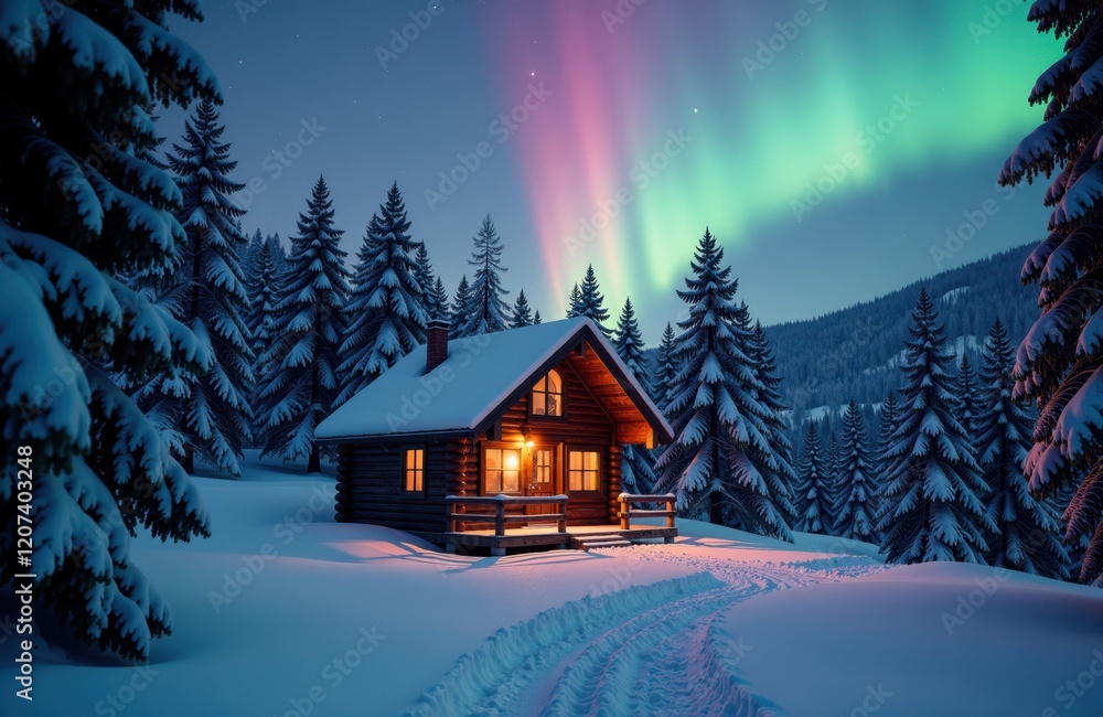 Fototapeta premium Cozy winter cabin under northern lights in snow-covered forest at night