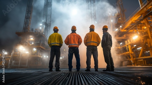 Workers in Safety Helmets Observing Oil Rig Operations at Night, Dressed in Bright Jackets, with Towering Equipment and Industrial Lights Illuminating the Scene