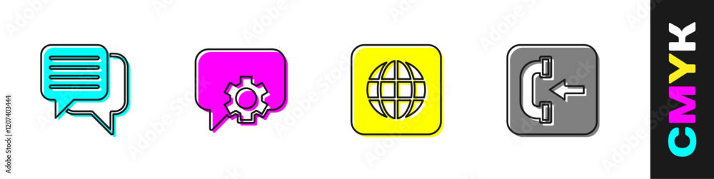 Set Speech bubble chat, Telephone 24 hours support, Worldwide and Incoming call icon. Vector Set Speech bubble chat, Telephone 24 hours support, Worldwide and Incoming call icon. Vector