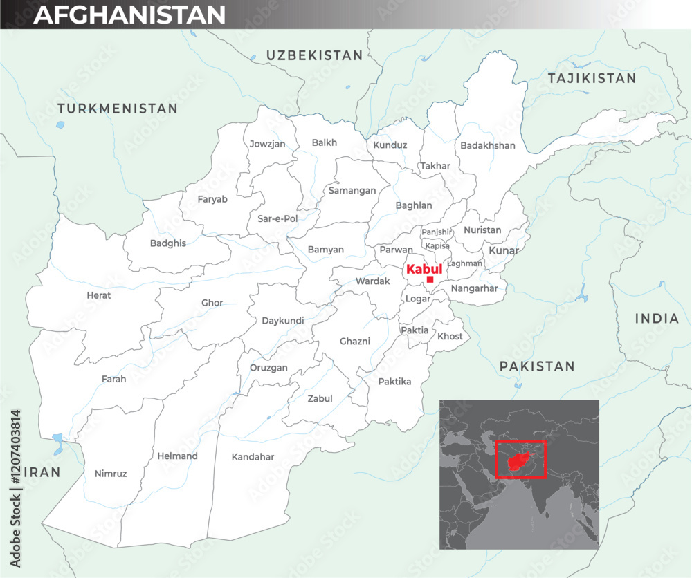 Obraz premium Afghanistan map with capital Kabul, most important cities and national bordersAfghanistan map with capital Kabul, most important cities and national borders