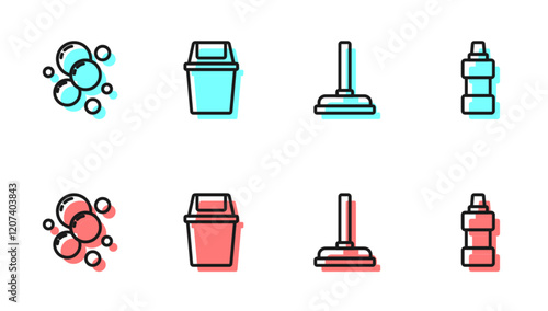 Set line Rubber plunger, Soap water bubbles, Trash can and Bottle for cleaning agent icon. Vector