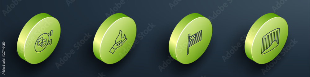 Set Isometric line Comedy and tragedy masks, Hand holding fire, Greece national flag and Ancient column icon. Vector Set Isometric line Comedy and tragedy masks, Hand holding fire, Greece national flag and Ancient column icon. Vector