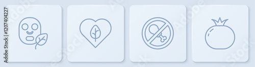 Set line Facial cosmetic mask, No meat, Vegan food diet and Tomato. White square button. Vector