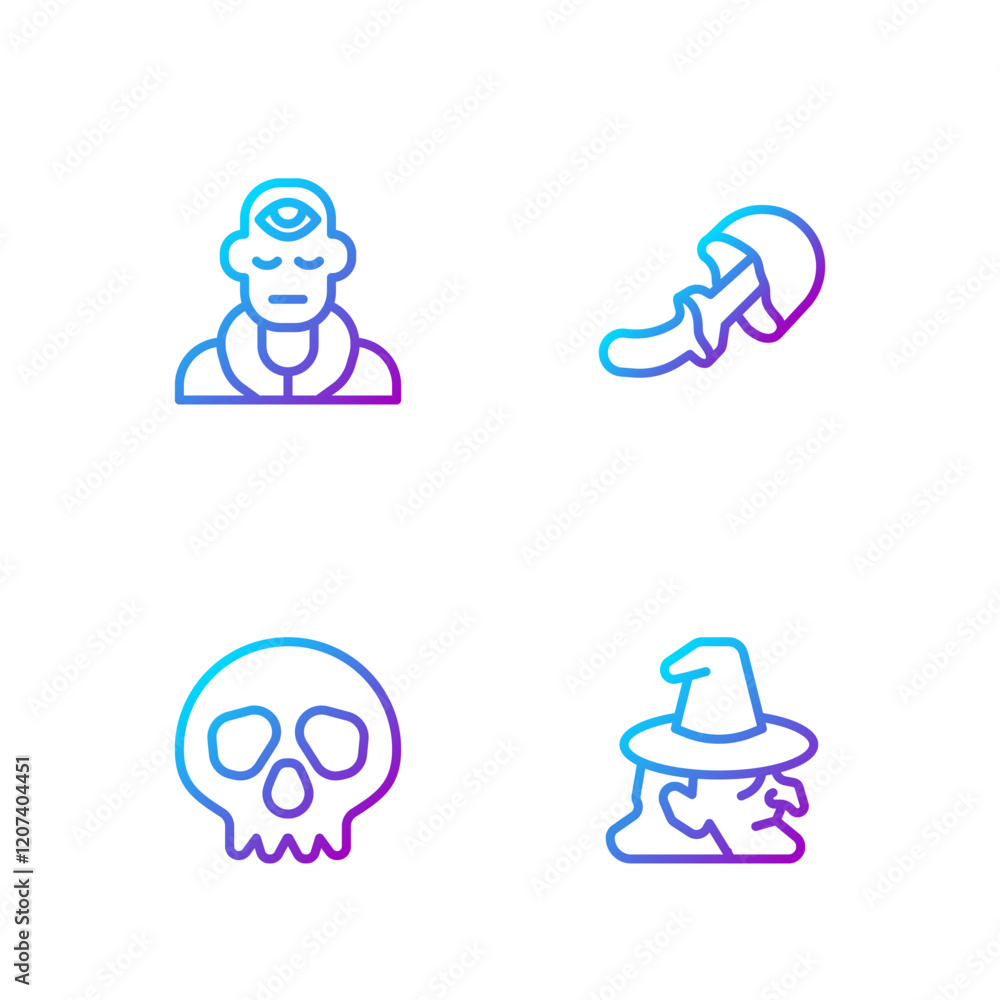 Set line Witch, Skull, Wizard warlock and Psilocybin mushroom. Gradient color icons. Vector Set line Witch, Skull, Wizard warlock and Psilocybin mushroom. Gradient color icons. Vector