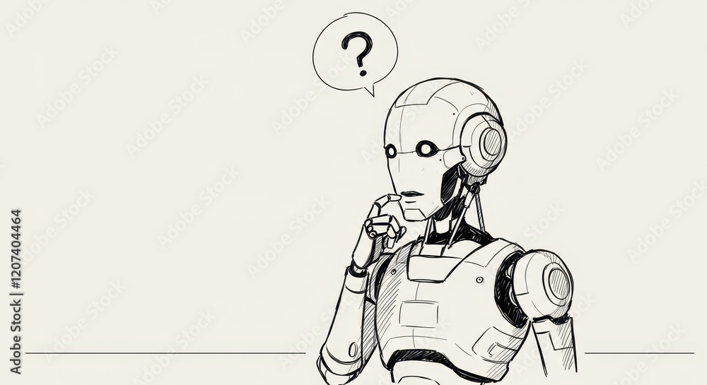 Curious robot sketch: ai pondering a question with thought bubble Curious robot sketch: ai pondering a question with thought bubble