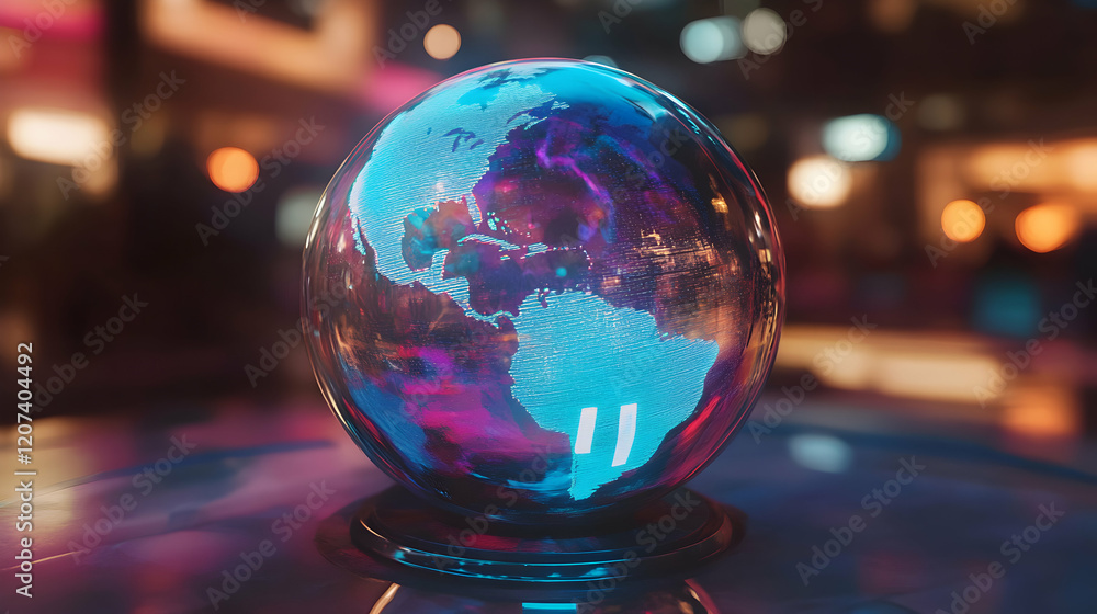 Colorful 3D Globe Displaying Americas in Vibrant Neon Lights Colorful 3D Globe Displaying Americas in Vibrant Neon Lights