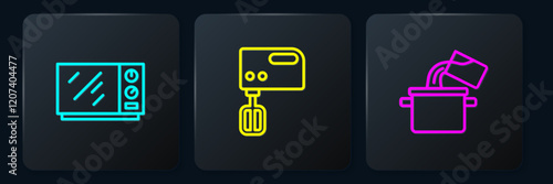 Set line Microwave oven, Cooking pot and Electric mixer. Black square button. Vector