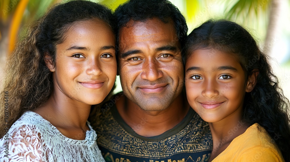 Fototapeta premium Family Portrait of Three Pacific Islander Individuals with Warm Smiles and Tropical Background