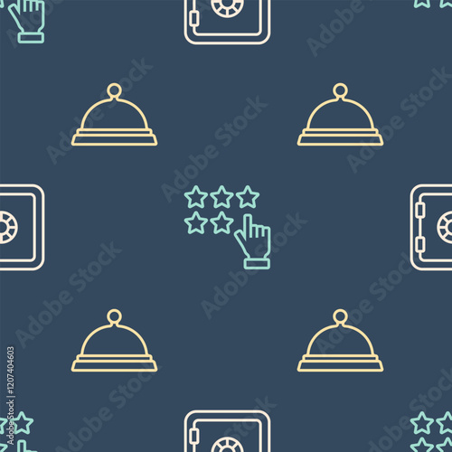 Set line Safe, Covered with tray of food and Stars rating on seamless pattern. Vector