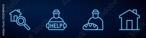 Set line Feeding the homeless, Search house, Help and Real estate. Glowing neon icon on brick wall. Vector