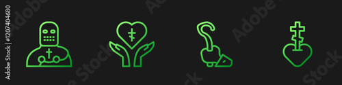 Set line Magic staff, Knight crusader, Religious cross in heart and . Gradient color icons. Vector