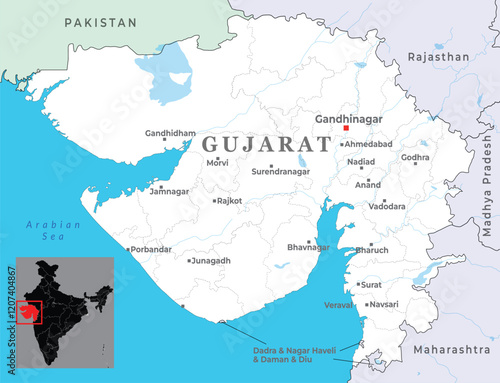 Gujarat district map with capital Gandhinagar, state of India