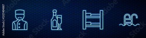 Set line Hotel room bed, Concierge, Champagne bottle with glass and Swimming pool. Glowing neon icon on brick wall. Vector
