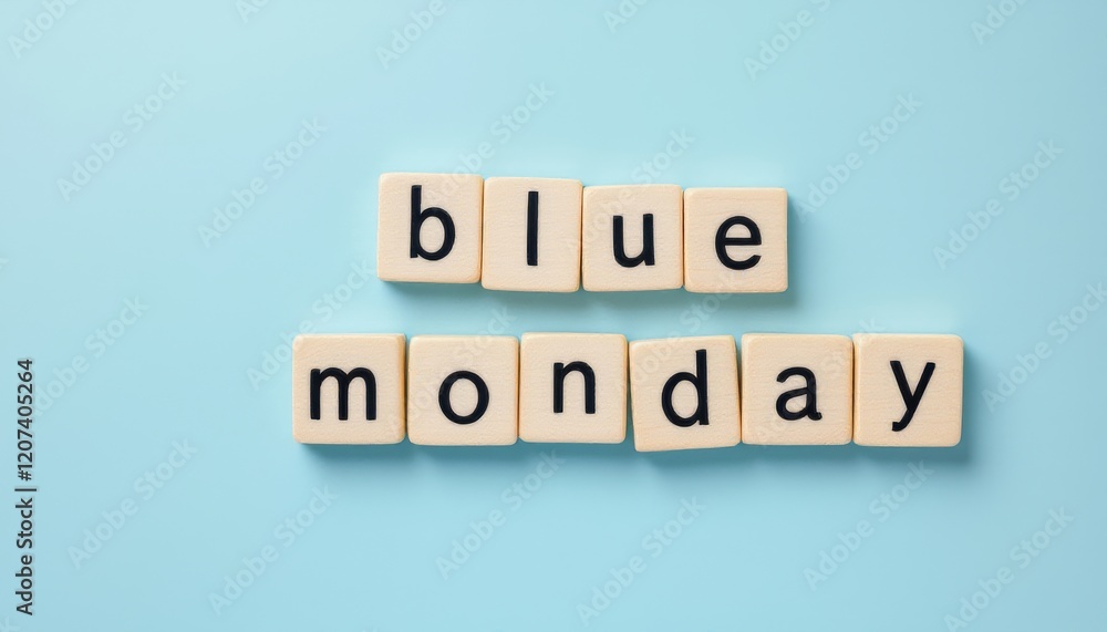 Blue Monday phrase spelled out with wooden blocks on a light blue background Blue Monday phrase spelled out with wooden blocks on a light blue background