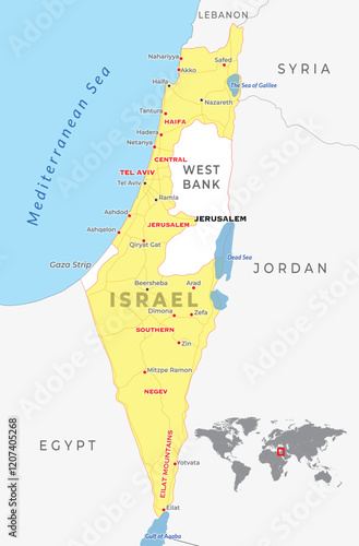 Israel map with its capital Jerusalem withneighbour countries