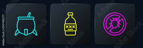 Set line Witch cauldron, Stop colorado beetle and Poisoned alcohol. Black square button. Vector