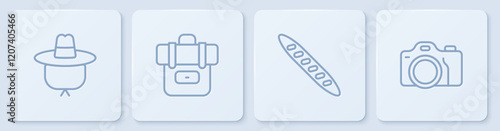 Set line Camping hat, French baguette bread, Hiking backpack and Photo camera. White square button. Vector