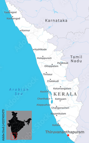 Kerala district map with capital Thiruvananthapuram, marked most important cities, state of India