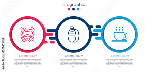 Set line Bar of soap, Washcloth and Cup tea. Business infographic template. Vector