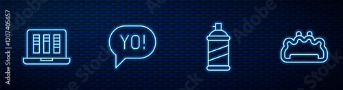 Set line Paint spray can, Sound or audio recorder, Yo slang lettering and Brass knuckles. Glowing neon icon on brick wall. Vector
