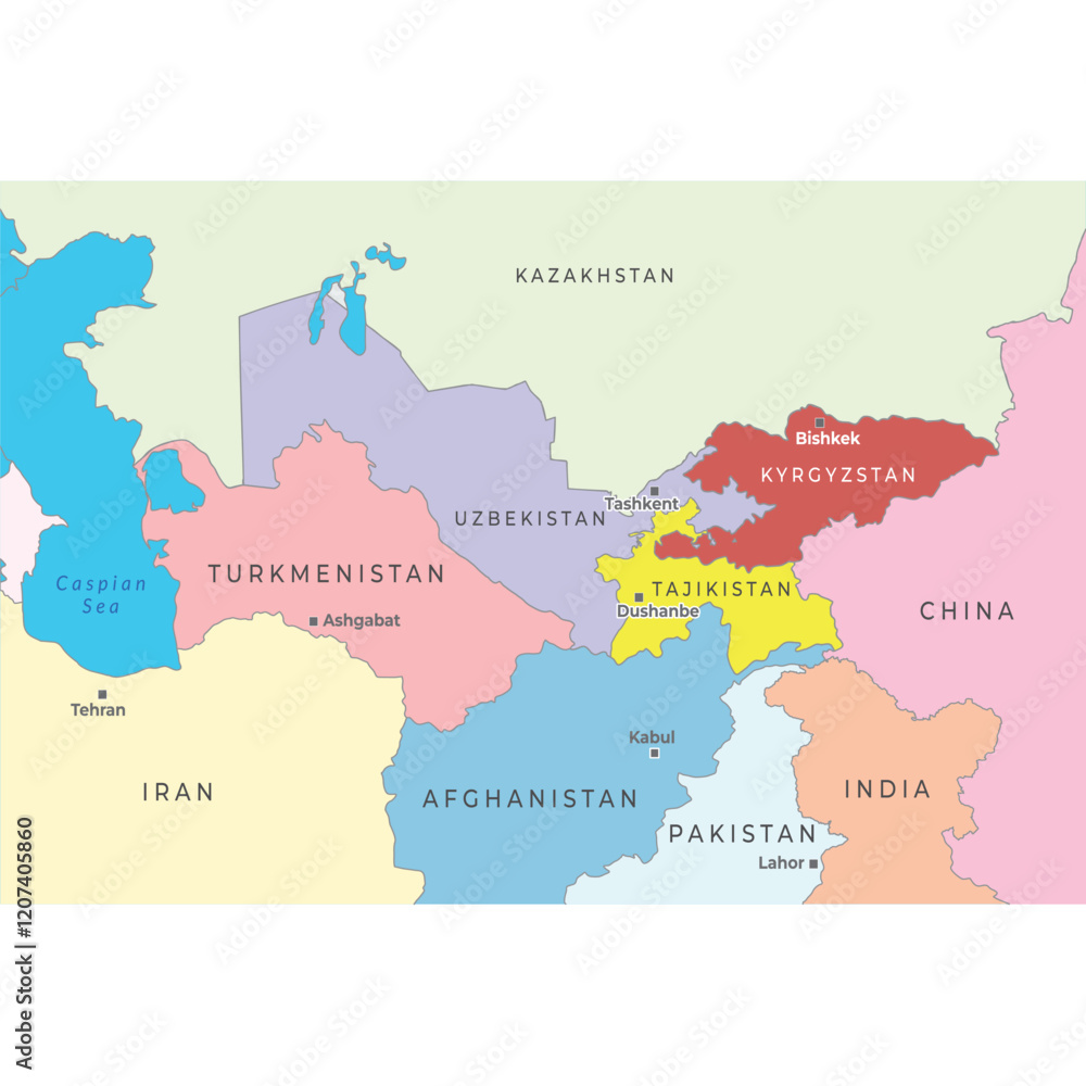 Fototapeta premium Middle Asia map highlighting countries name and national borders.