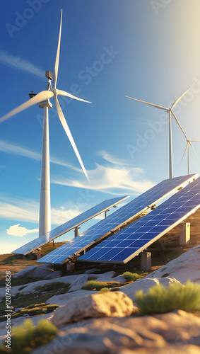Remote renewable energy setup with solar panels and wind turbine .
