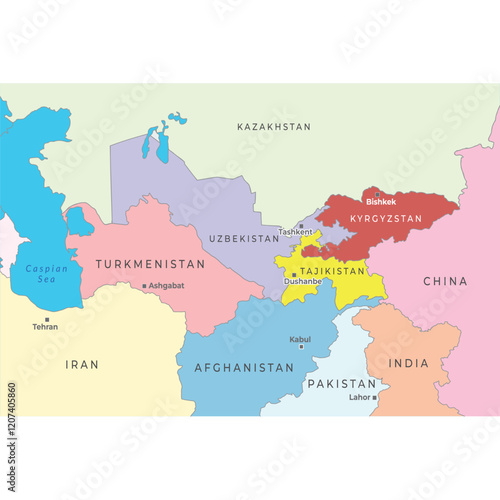 Middle Asia map highlighting countries name and national borders.
