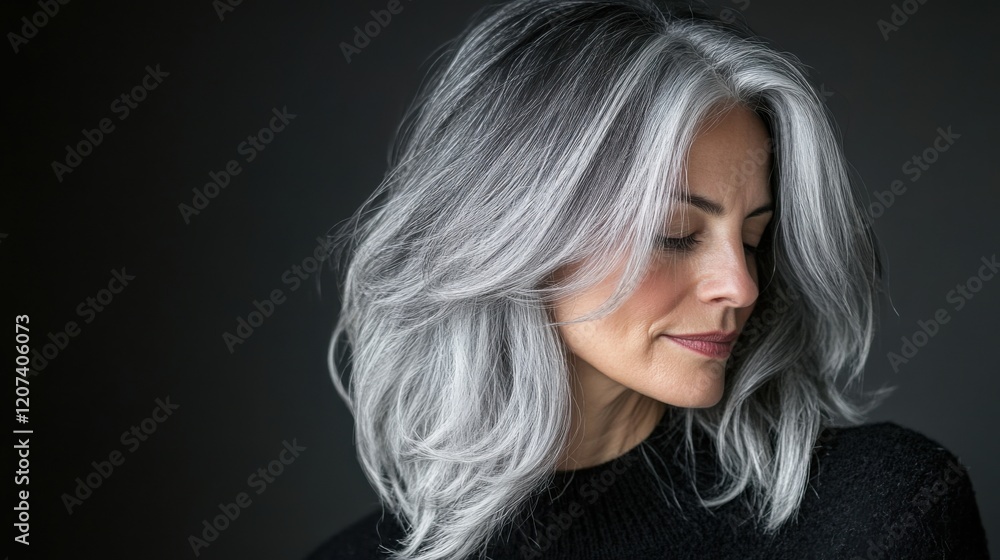 A transitioning-to-grey-hair guide, showcasing a gradual process of blending natural grey with highlights or lowlights A transitioning-to-grey-hair guide, showcasing a gradual process of blending natural grey with highlights or lowlights