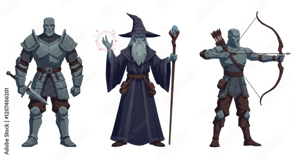 Fototapeta premium Medieval fantasy characters: knight, wizard, and archer in detailed armor and robes