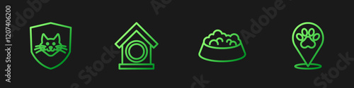 Set line Pet food bowl for cat or dog, Animal health insurance, Dog house and Location veterinary hospital. Gradient color icons. Vector