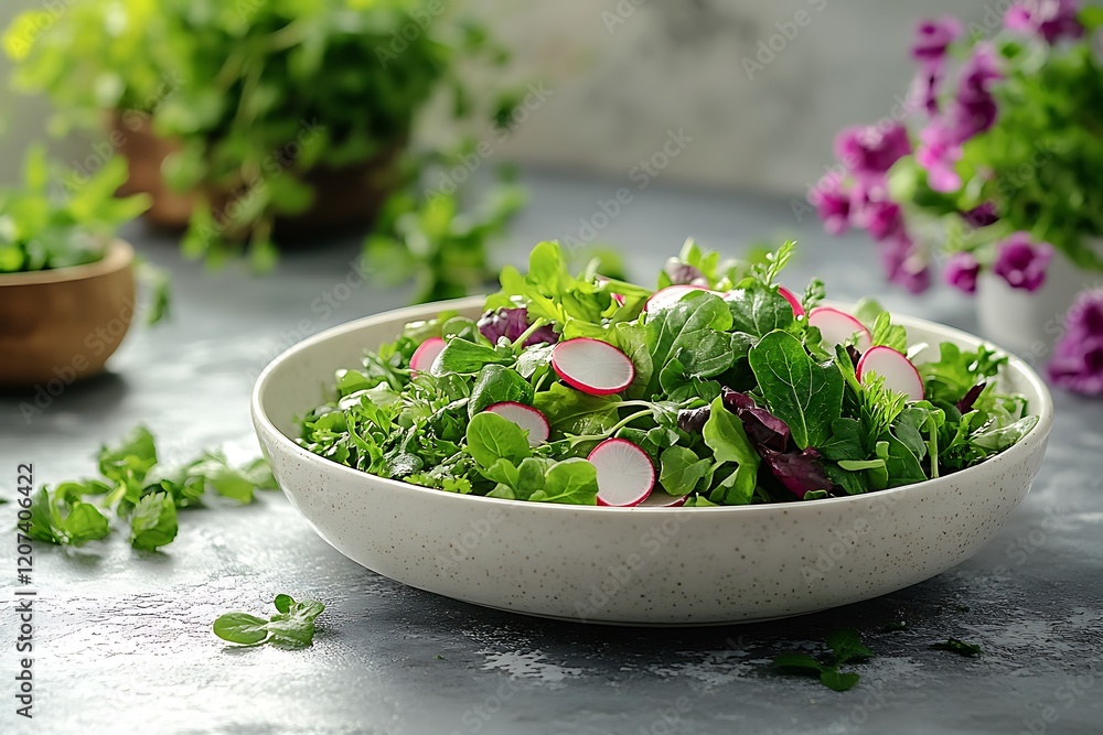 Fresh and Healthy Green Salad with Radishes in a Bowl Fresh and Healthy Green Salad with Radishes in a Bowl